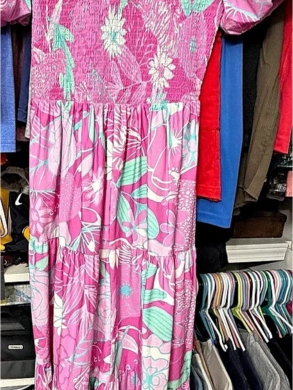 Peach Love Floral Maxi Dress in Pink & Green Size Small Like New